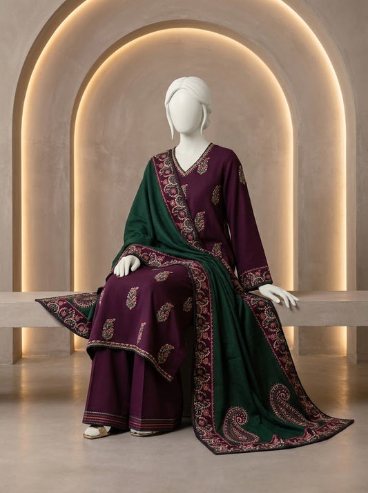 Batik 1377 – Premium Dhanak 3-Piece Suit with Heavy Embroidered Shawl | Winter Collection 2026–27 - Abeeha Fabric