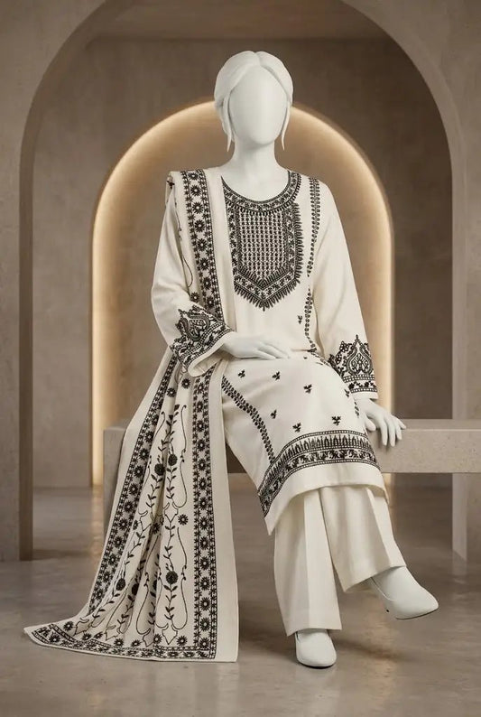 Grace 1453 – Premium Airjet Dhanak 3-Piece Suit with Heavy Embroidered Dhanak Shawl | Winter Collection 2026–27 - Abeeha Fabric