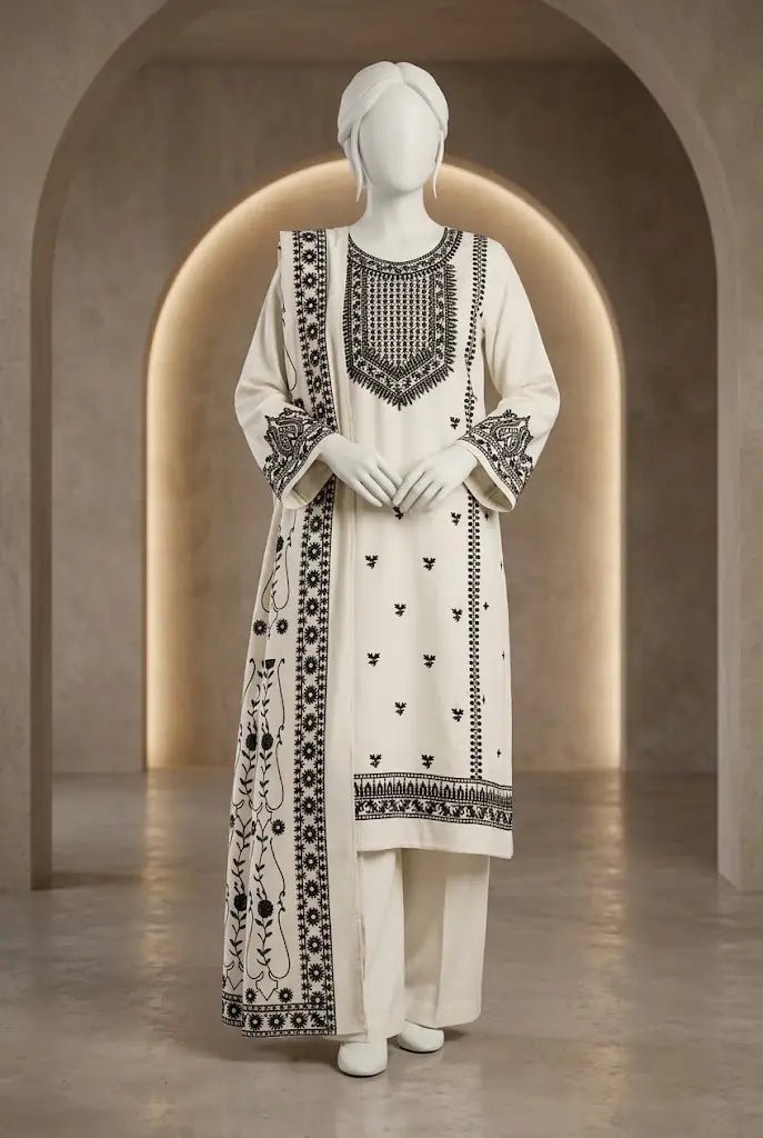 Grace 1453 – Premium Airjet Dhanak 3-Piece Suit with Heavy Embroidered Dhanak Shawl | Winter Collection 2026–27 - Abeeha Fabric