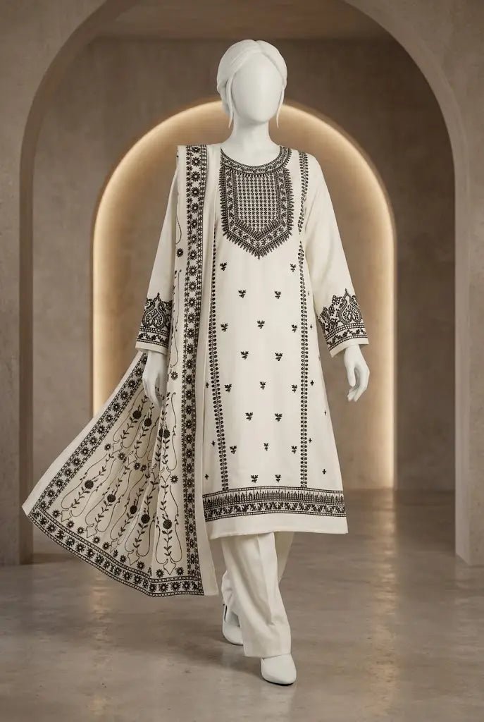 Grace 1453 – Premium Airjet Dhanak 3-Piece Suit with Heavy Embroidered Dhanak Shawl | Winter Collection 2026–27 - Abeeha Fabric