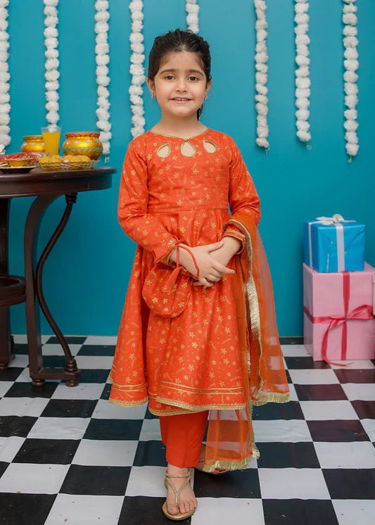 Kids Cotton Orange Frock 3 - Piece Suit - Abeeha Fabric