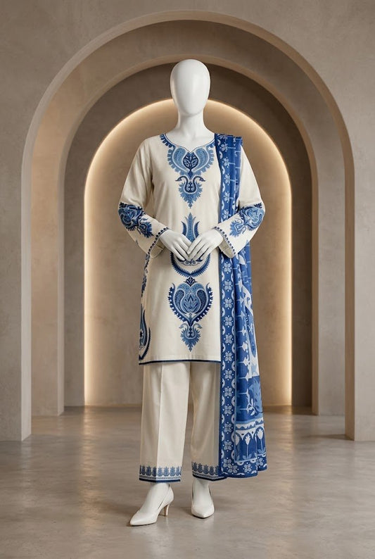 Laam 2219 – Premium Airjet Dhanak 3-Piece Suit with Digital Wool Shawl | Winter Collection 2026–27 - Abeeha Fabric