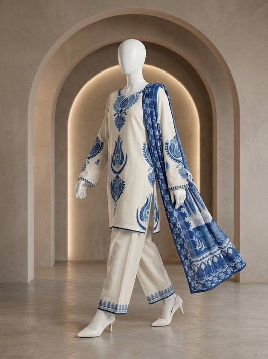 Laam 2219 – Premium Airjet Dhanak 3-Piece Suit with Digital Wool Shawl | Winter Collection 2026–27 - Abeeha Fabric